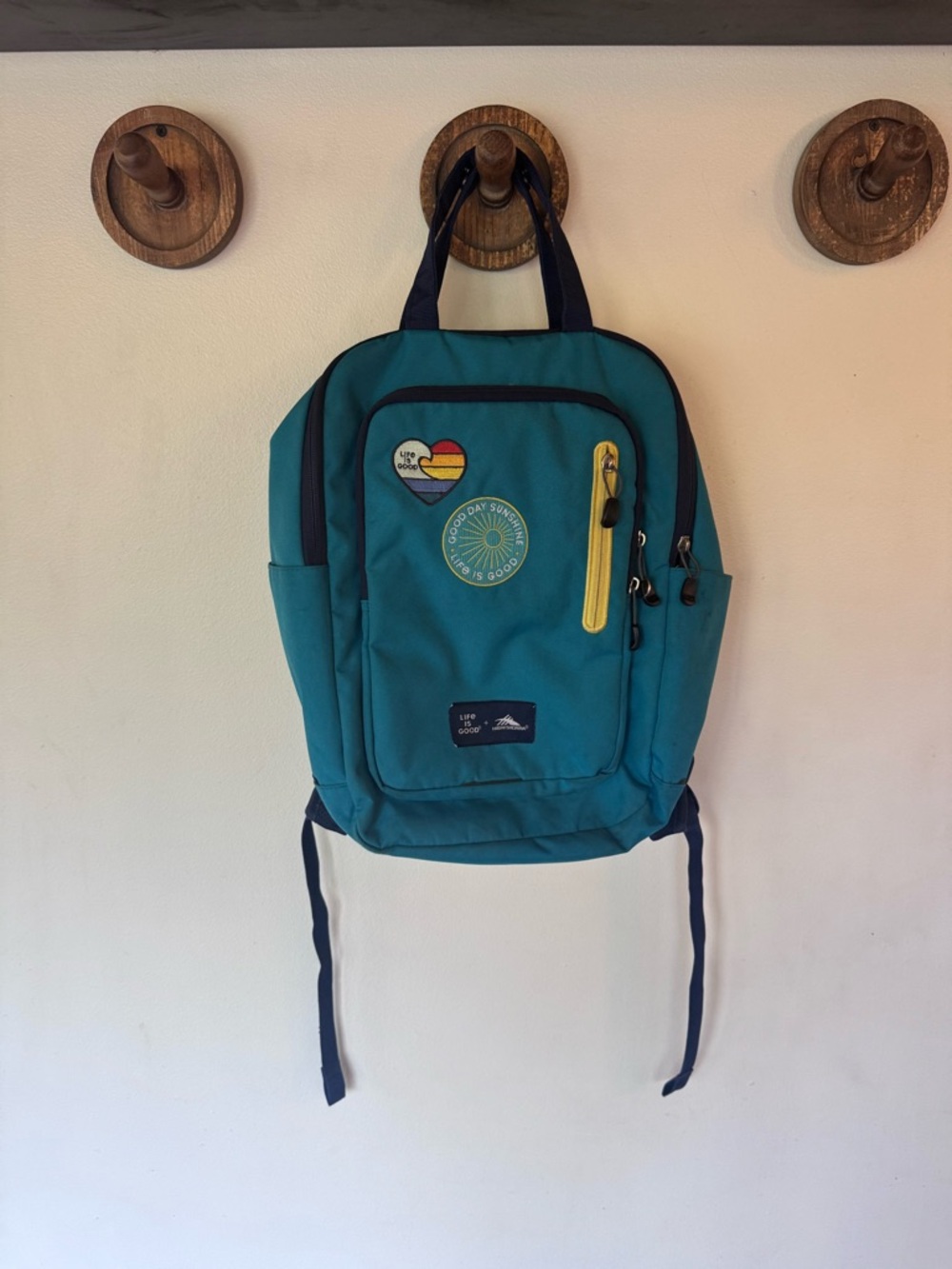 High Sierra Life is good Teal Backpack with Yellow Accent and Patch Details